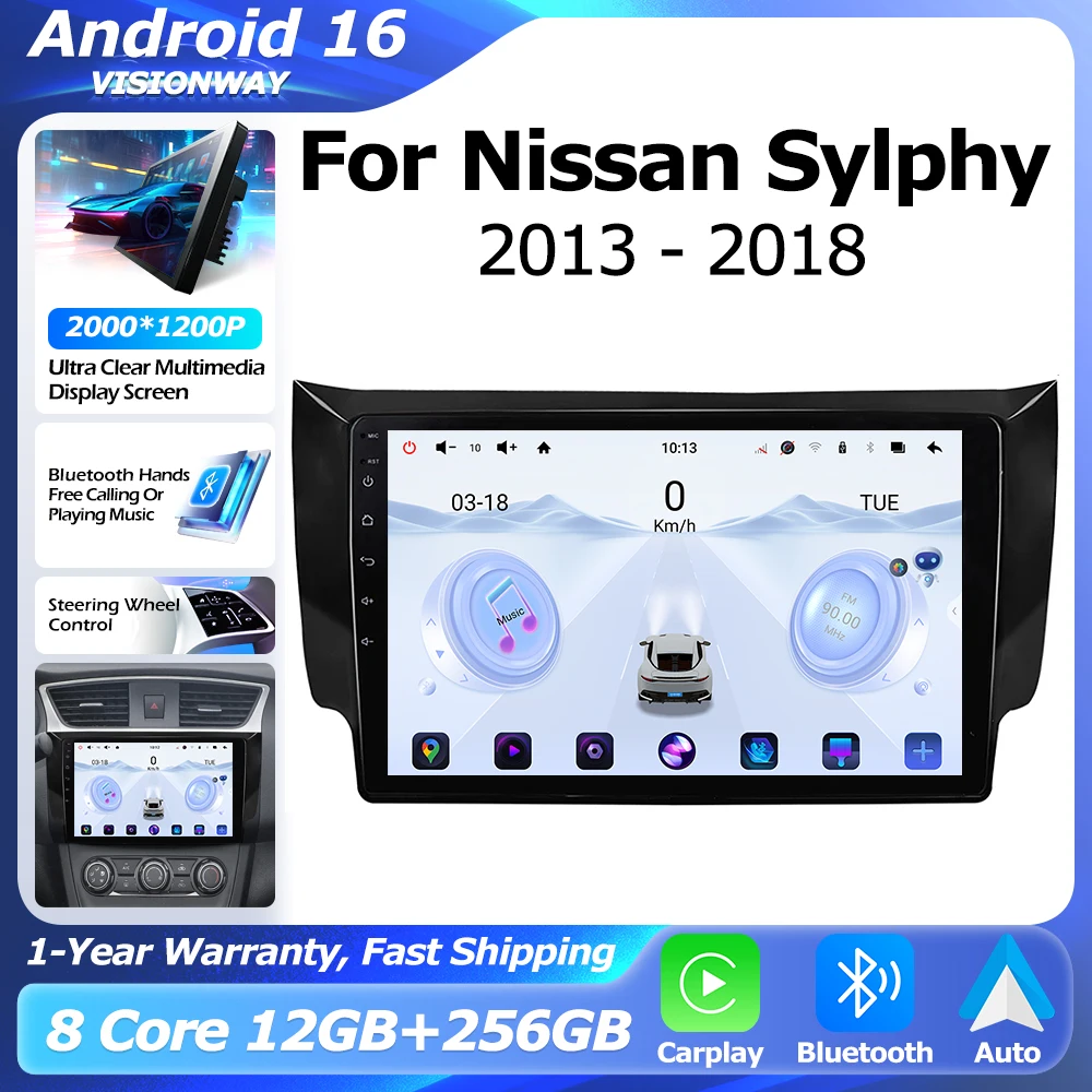 Android 16 QLED 2000*1200P 8 Core For Nissan Sylphy B17 Sentra 2013-2018 Multimedia Player Auto Wireless CarPlay WIFI 4G BT