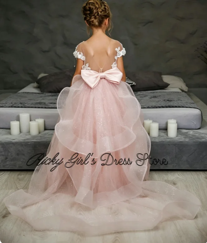 White Lace Pink Flower Girl Dress First Communion Floor Length 3d Floral Off Shoulder Big Back Bow Kids Pageant Formal Gowns