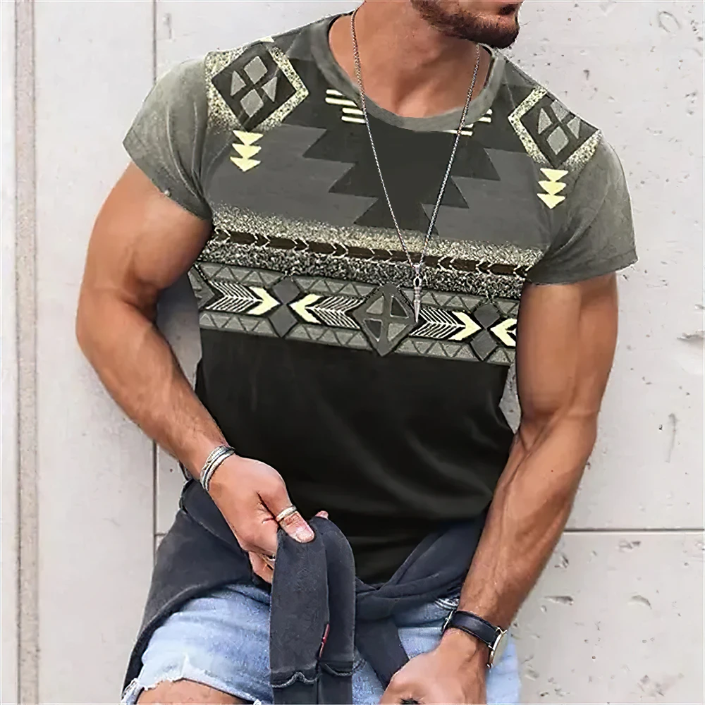 Summer men\'s ethnic retro T-shirt 3D printed T-shirt short sleeved holiday street photo T-shirt casual men\'s top loose size roun