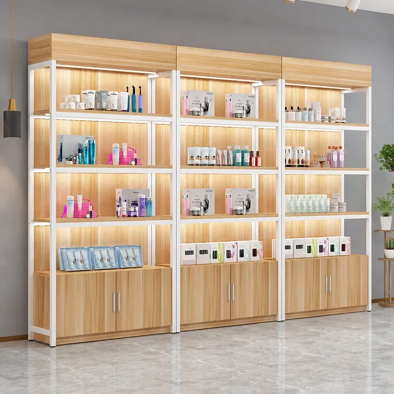 Steel and Wood Adjustable Display Shelf Floor to Ceiling Multi Layer Storage Cabinet for Supermarket Simple Design