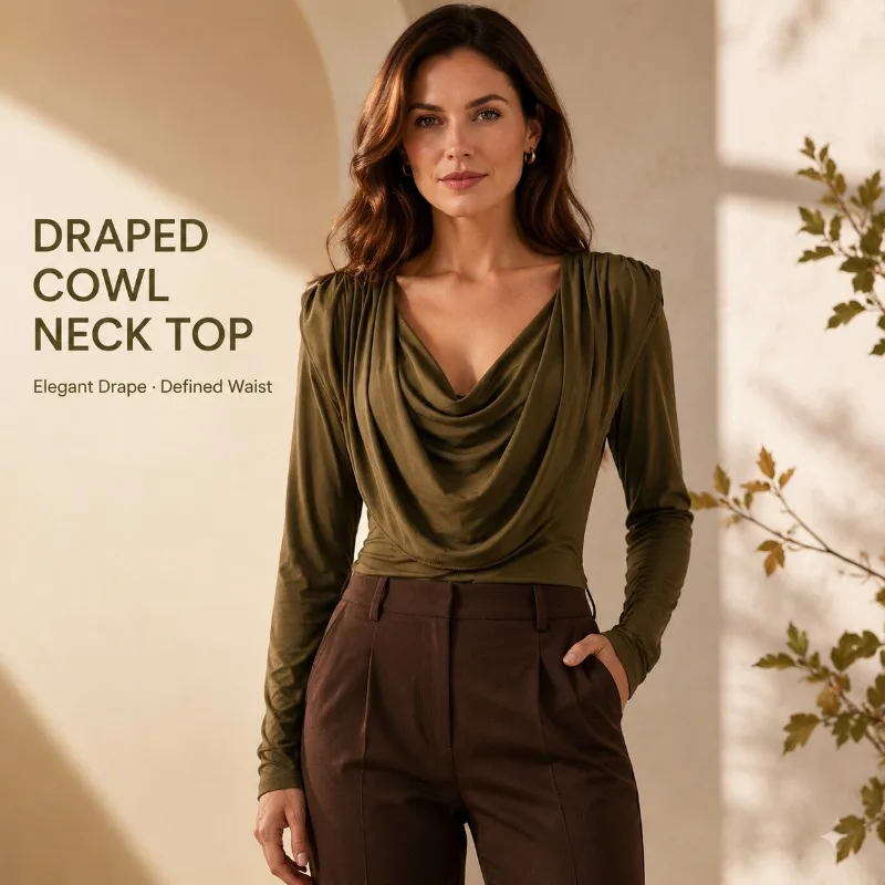 Women's Cowl Neck Long Sleeve Top Elegant Draped Slim Fit Ruched Shoulder T-Shirt Autumn Casual Blouse
