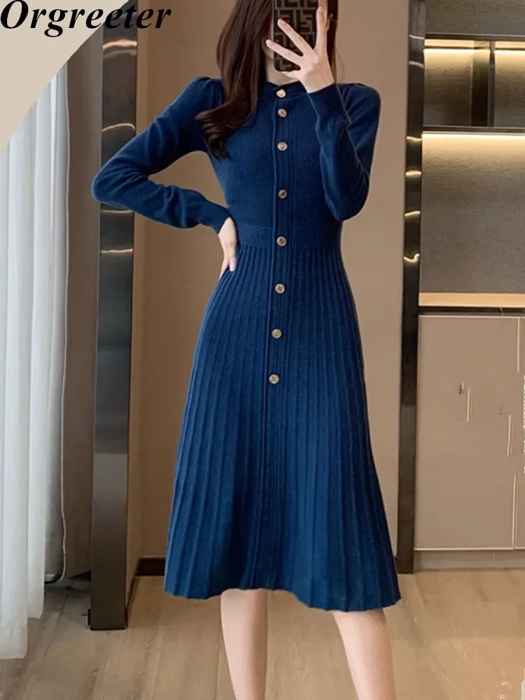 Fall Winter Solid Sweater Dress Fashion Retro O-neck Puff Sleeve Slim A-line Vestidos High Quality Single Breasted Knit Dress