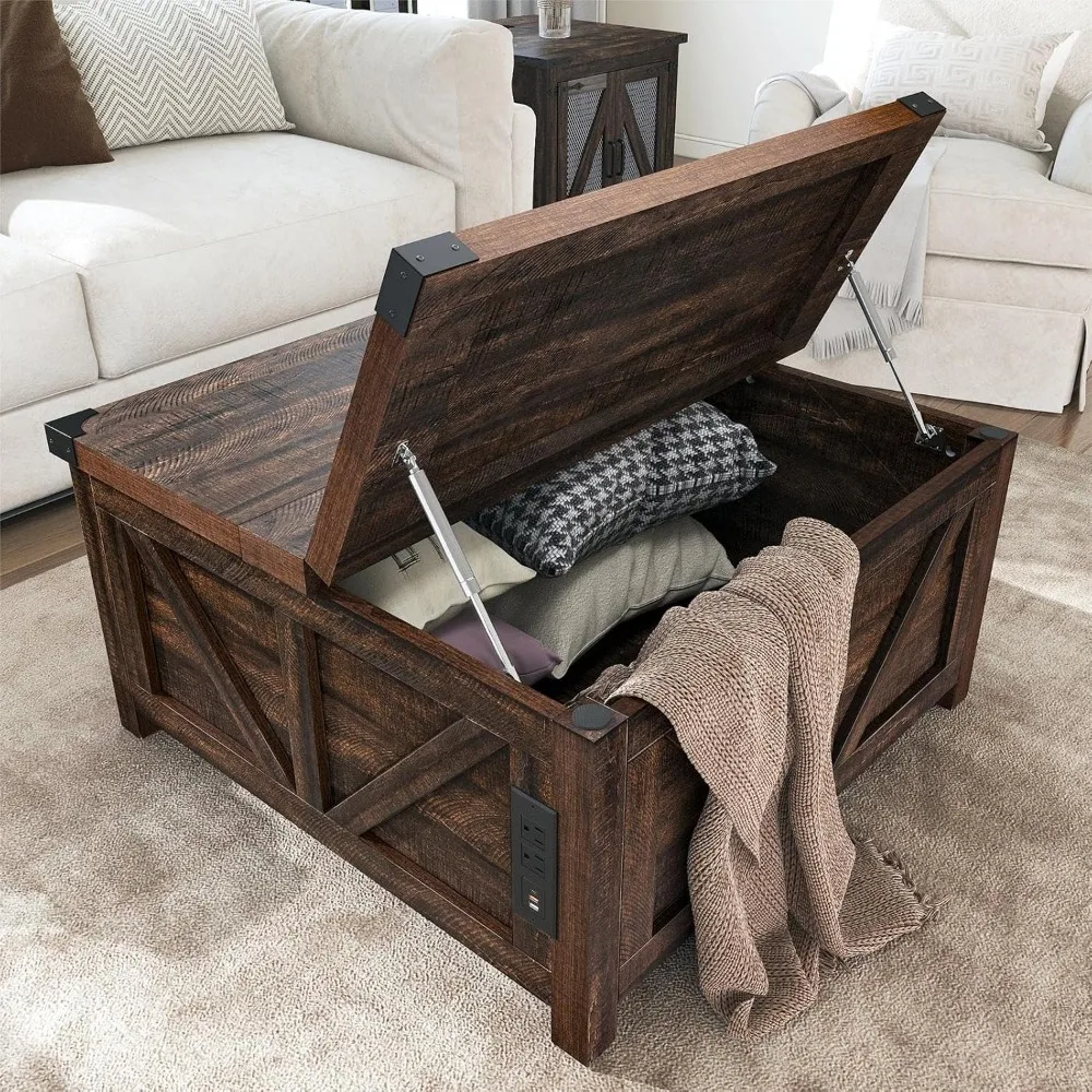 Wood Square Center Table with Charging Station&USB Port, Living Room Table w/Large，Farmhouse Lift Top Coffee Table with Storage