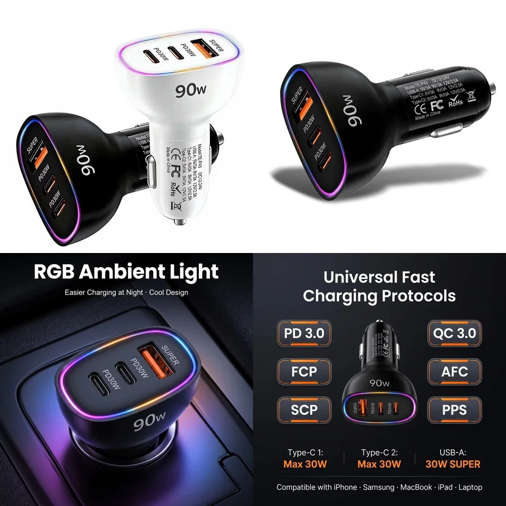 90W Car Charger Multi Port Super Fast Charging Dual PD 30W Type C USB A 3 in 1 Adapter for Laptop MacBook Phone PPS RGB LED