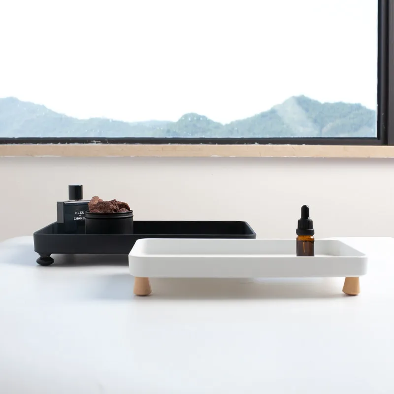 Rectangular Matte Storage Tray with Wood Legs, Household Tea Tray for Water Cups Perfume Desktop Organizer