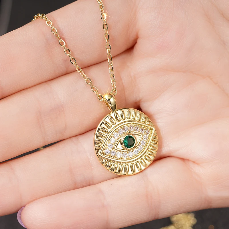 Huitan Hip-Hop-Halskette mit grünem bösen Blick-Design für Damen, Rock-Stil, Hals-Accessoires, goldfarben, luxuriöser Halsschmuck