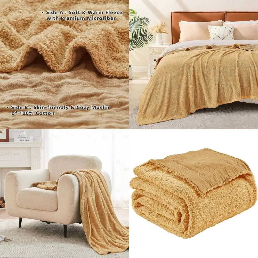 Reversible Queen Size 80x90 Beige Muslin & Fleece Throw Blanket for Couch, Bed, Picnic & Travel
