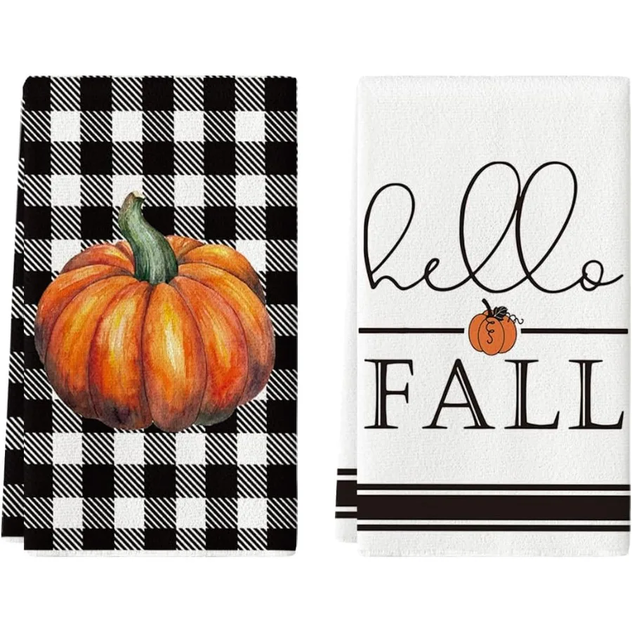 

Кухонные полотенца в клетку Buffalo Pumpkin Hello Fall, кухонные полотенца 18x26 Ih, украшения сезона, набор из 2 шт.