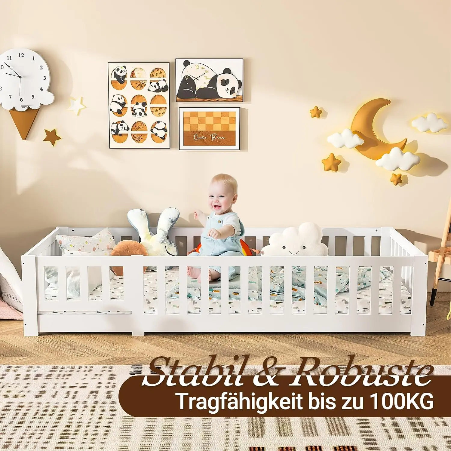 Letto per bambini in stile Montessori, 90 x 200 cm, letto in legno massello con protezione anticaduta, lettino 120 x 200 cm, con rete a doghe, letti con barriera in legno per bambini, colore bianco.