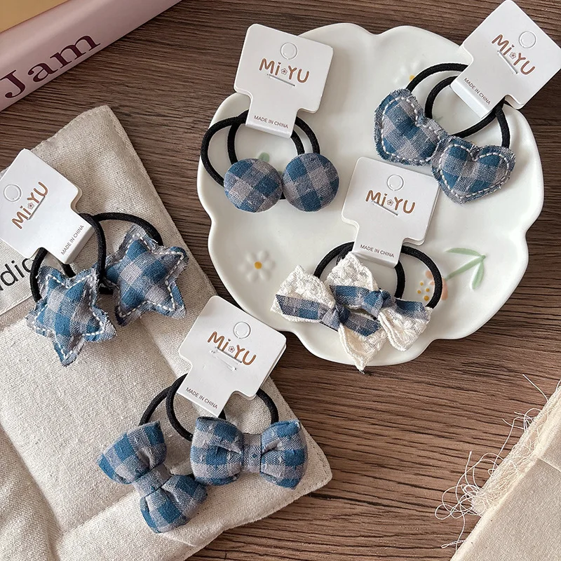 

2pcs Girls Hair Rope Ties Plaid Children's Ponytail Holder Rubber Bands Cute Bow Heart Star Elastic Hair Bands Hair Accessories