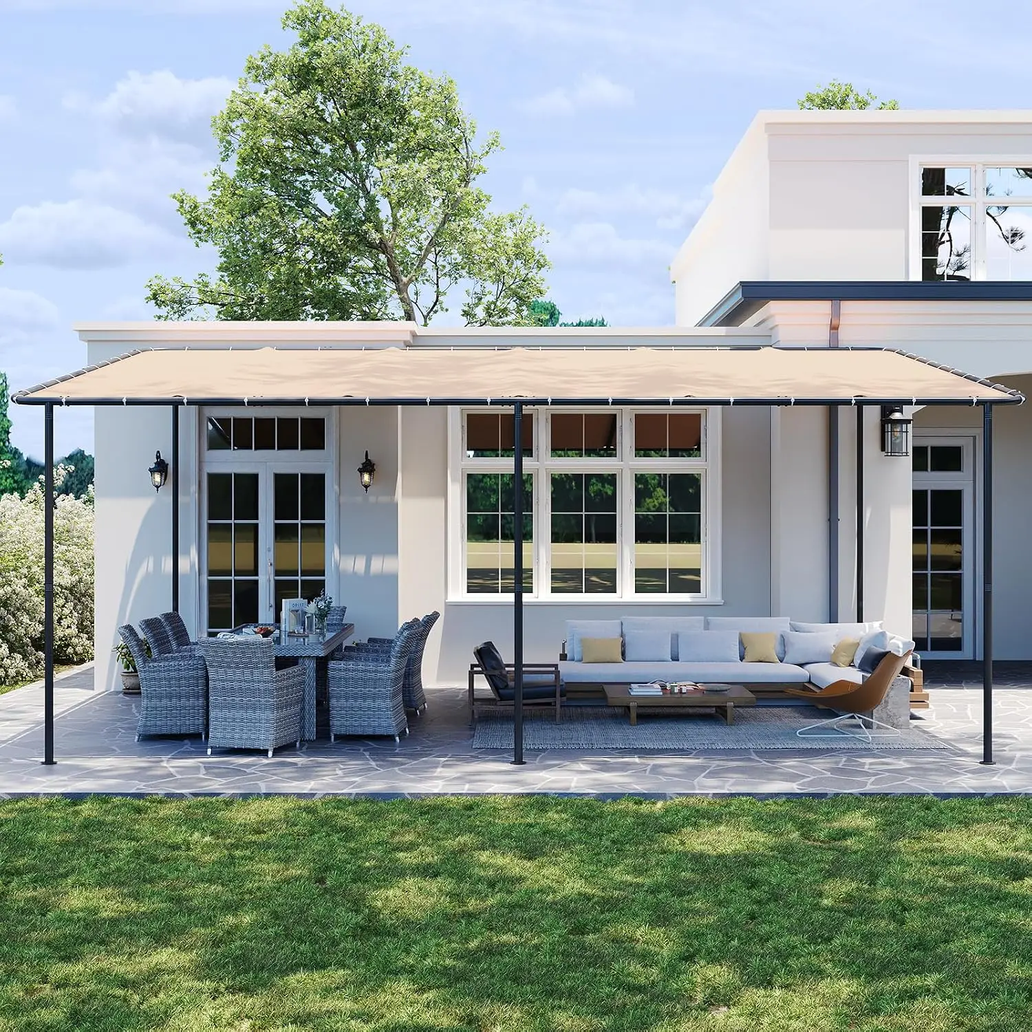 20x12 Lean to Pergola Gazebo Water & UV Resistant Sloped Roof Wall-Mounted Canopy Patio Backyard Deck, Customized