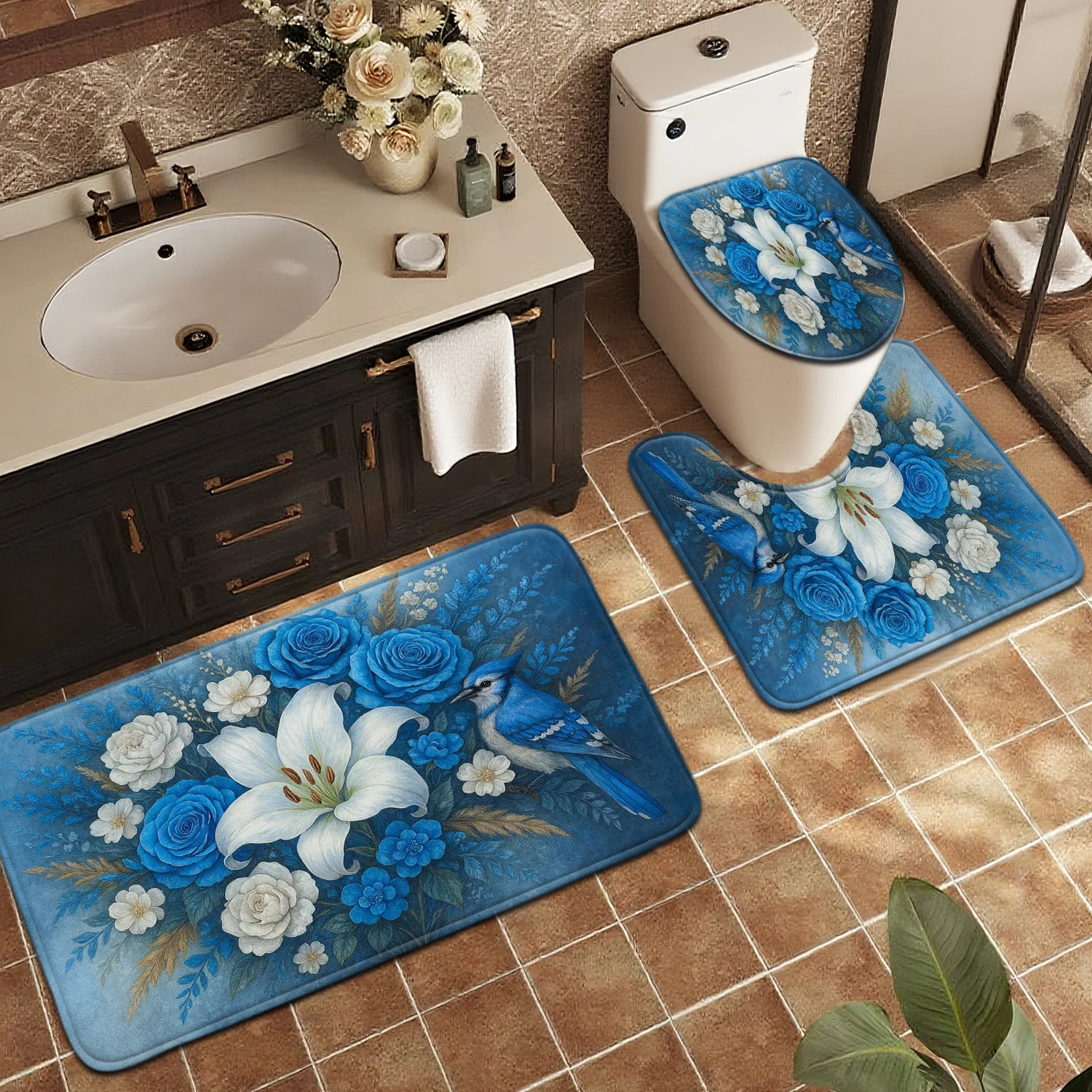 3pcs Bathroom Three-Piece Set Mat, Home Decor Entry Door Mat, Toilet Lid Mat Toilet Set, Blue Rose Lily Bird, Household Bathroom
