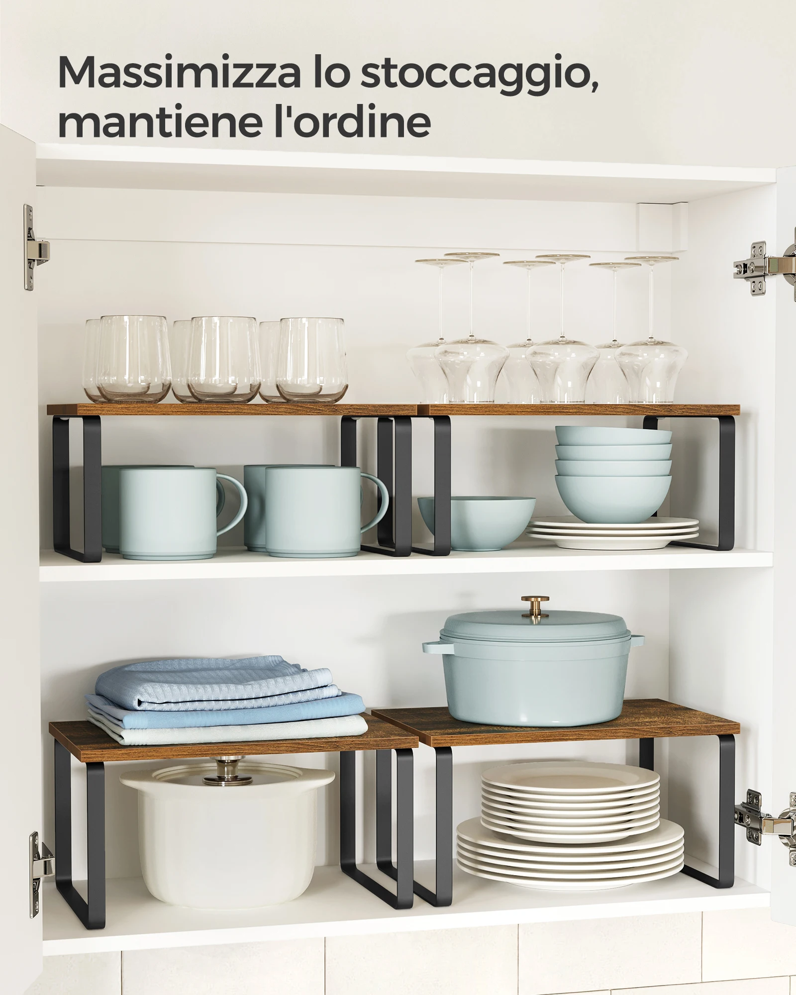 مجموعة SONGMICS مكونة من رفوف توابل خزانة قابلة للتوسيع، منظم رف المطبخ قابل للتكديس، معدن/خشب، أسود/بني ريفي #2