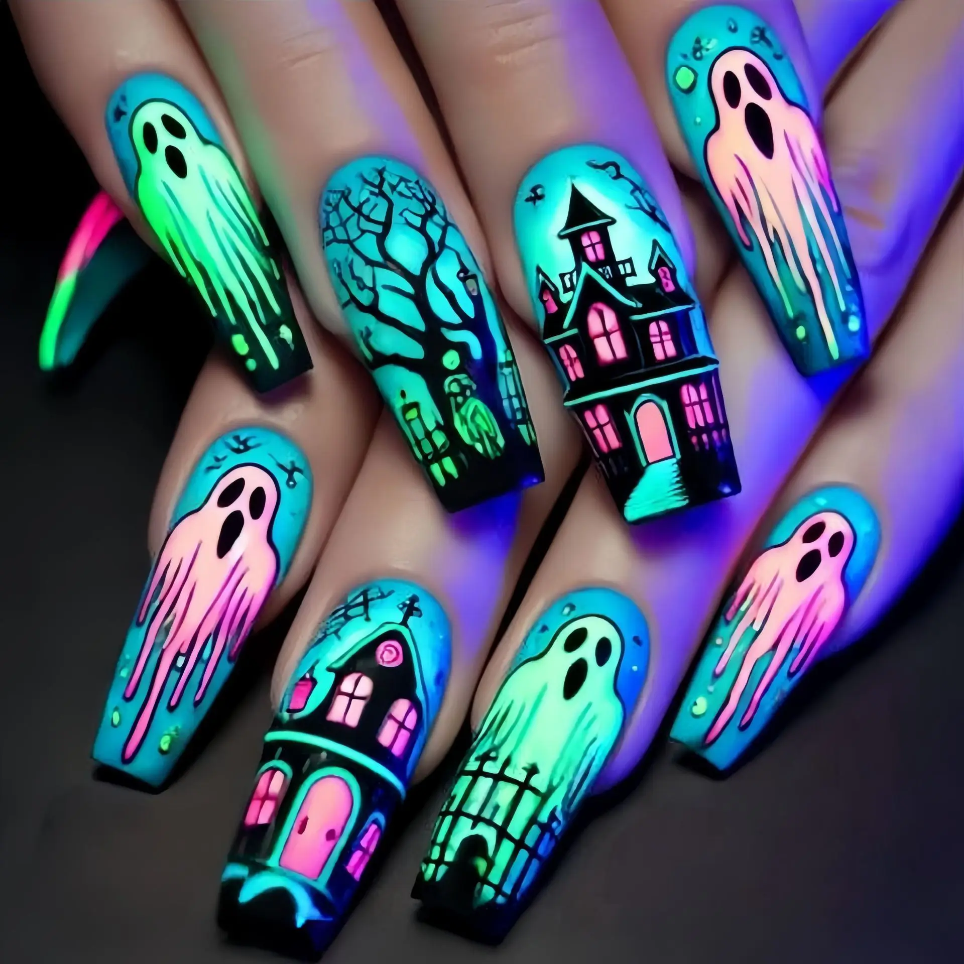 Halloween Press on Nails Halloween Coffin Press on Nails Halloween False Nails Halloween Fake Nails with Ghost Forest Pattern