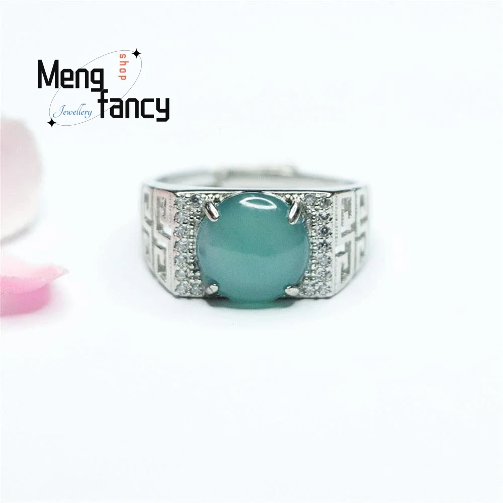 

S925 Silver Lnlaid Icy Jadeite Blue Water Egg Surface Saddle Open Ring Exquisite Elegant Charm High-grade Luxury Quality Jewelry