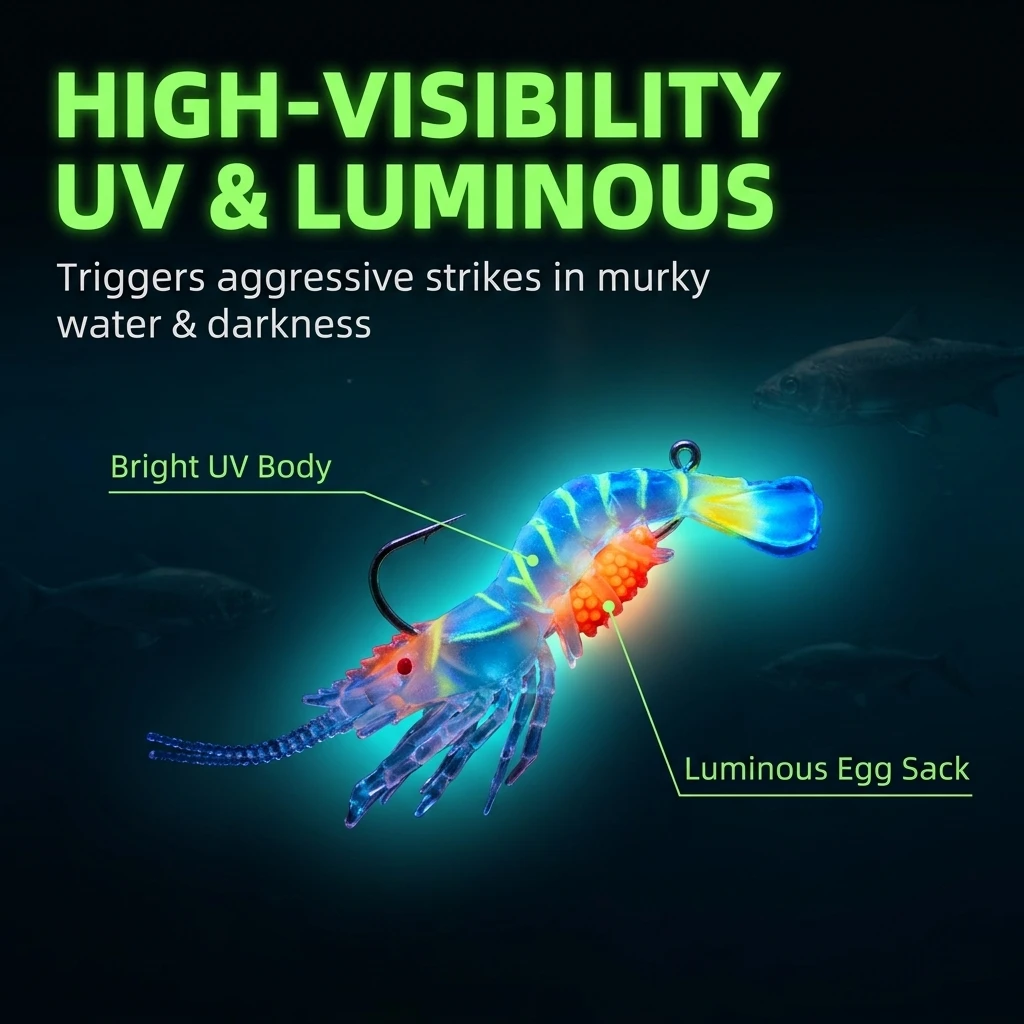 9cm/9g Luminous UV Soft Shrimp Lure, Built‑in Lead Weight Anti‑Snag Back Hook Realistic Swim Action for Bass Trout Redfish