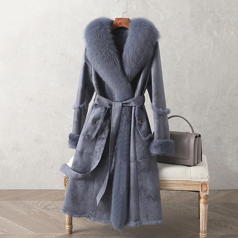 2023 Winter New Rabbit Fur doublefaceleather Coat Women\'s Super Large Fox Fur Collar Medium Long Fur Coat Rabbit Fur Inner Liner