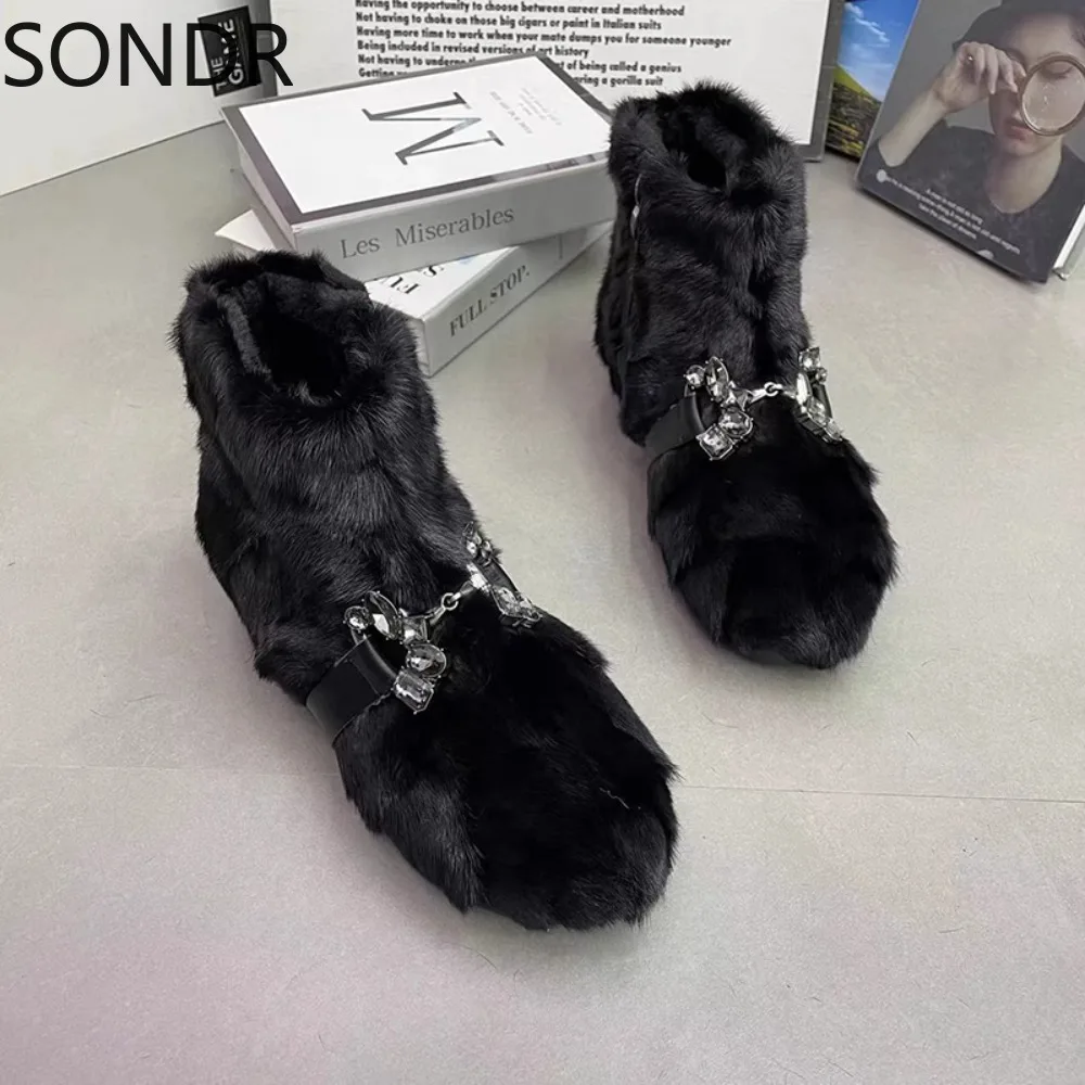 Womens Round Toe Rainbow Real Mink Fur Ankle Boots Snow Warm Winter Shoes Crystal Genuine Leather Thick Furry 6Colors