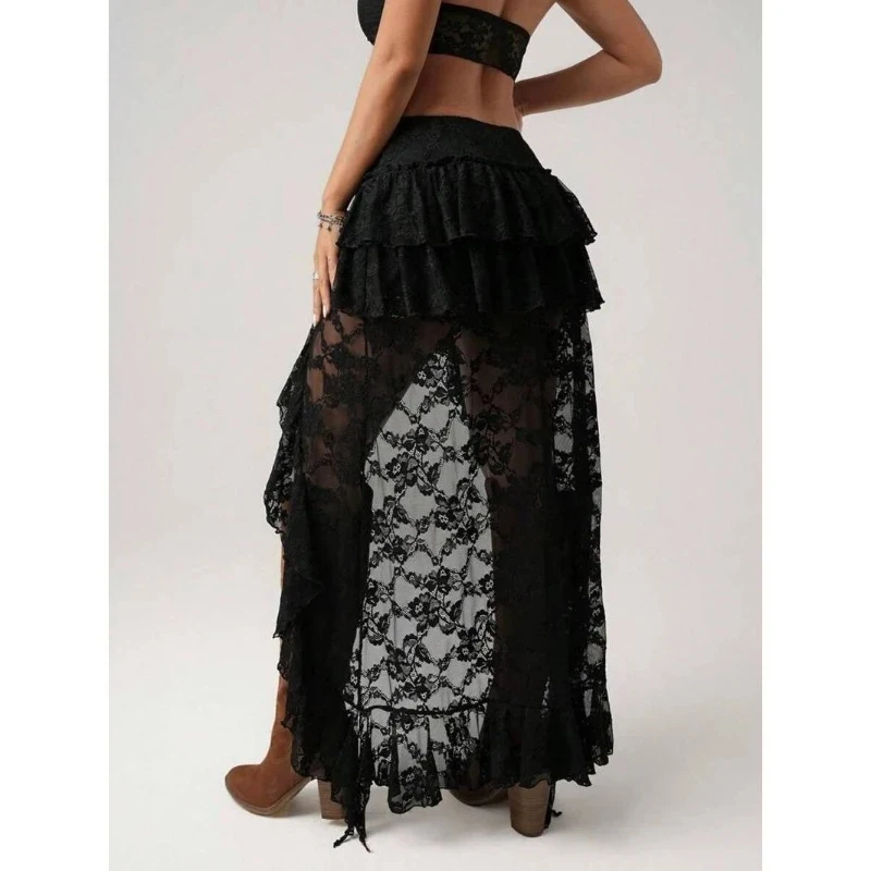 Asymmetrical Lace Mesh Skirt Women Boho Vintage See Through Layered Ruffles Elastic Waist Long Skirts Vacation Beach Y2k Skirts