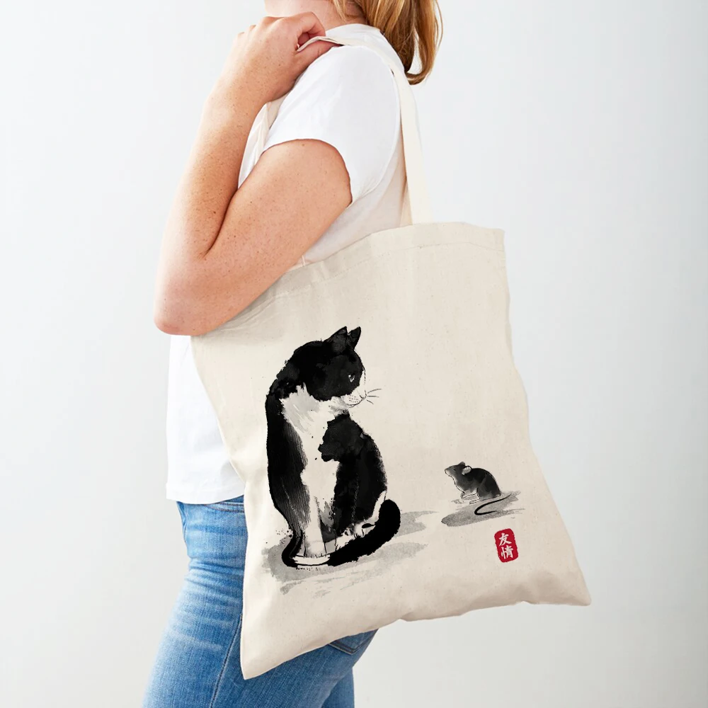 

Japanese Koi Gru Japan Dream Deer Cat Sakura Women Shopping Bags Double Print Casual Canvas Eco Handbag Shopper Bag Lady Tote