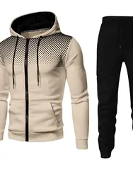 Men's Fashion Print Tracksuit Zipper Hooded Sweatshirt & Sweatpants Casual Fitness Jogging Sports Two-Piece Set