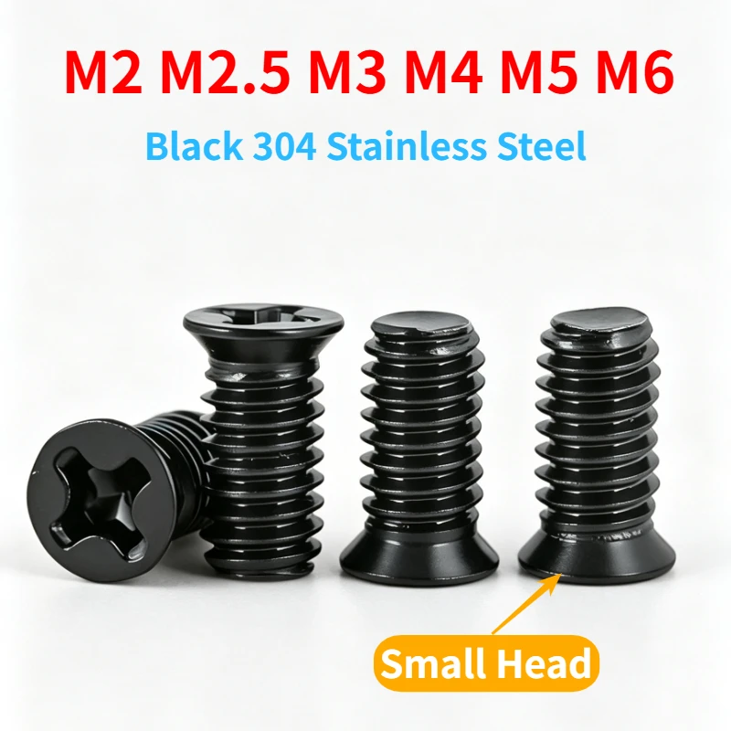 20-200pcs M2 M2.5 M3 M4 M5 M6 Black 304 Stainless Steel Small Head Cross Phillips Flat Countersunk Head Screw Length 3mm-30mm