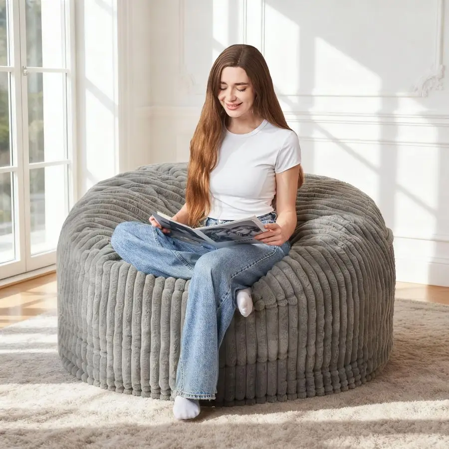 

3FT Bean Bag Chair, 3 Large Bean Bag Chairs for Adults with Stripe Plush Cover, Memory Foam Beanbag Chair for Living Room Bedroo
