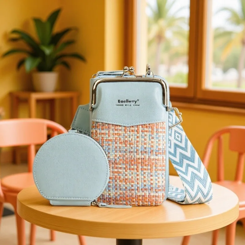 Fashion Woven Phone Crossbody Bag, Metal Kiss Lock Frame, Detachable Round Coin Purse, Compact Casual Shoulder Purse for Storing
