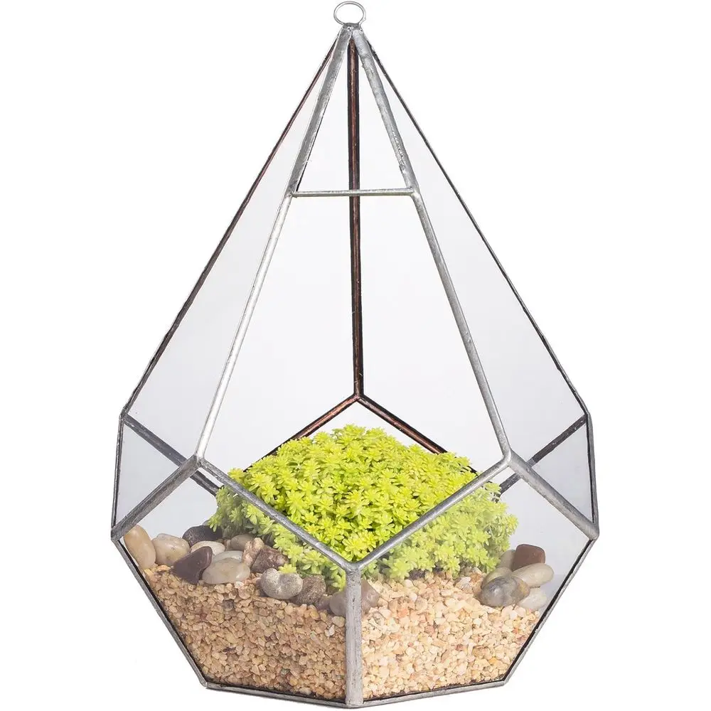 

Silver Hanging Glass Geometric Terrarium, 6.8 x 6.8 x 8.6 Inches Teardrops Shape Display Planter for Succulent Air Plants, Indoo