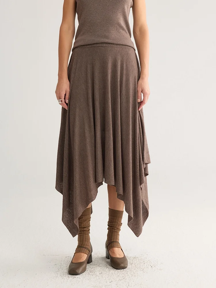 Birdtree, Wool Blended Retro Solid Skirt, Elastic Waist, Women's Knitted Irregular Hem Chic Skirts, 2026 Autumn New D69118JF