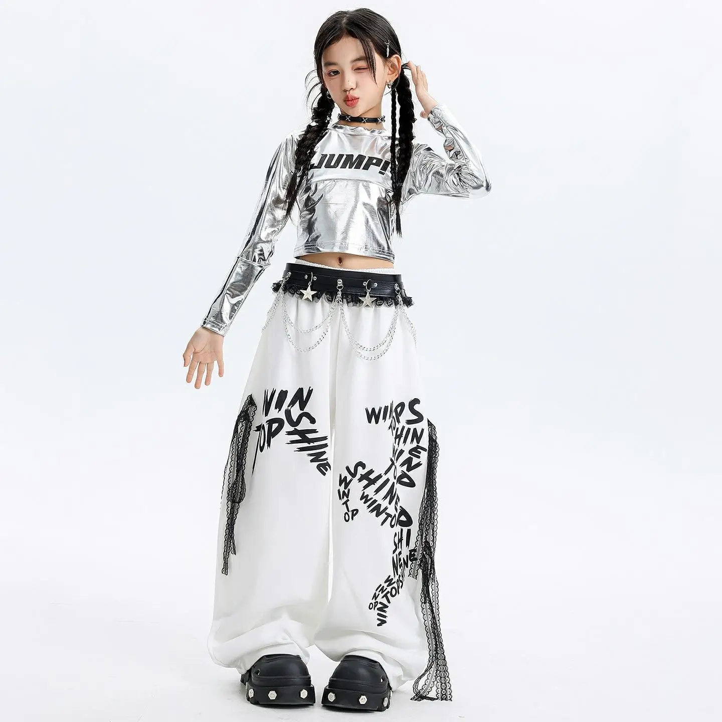 

Детская одежда в стиле хип-хоп Kpop, серебряная металлическая укороченная футболка с длинными рукавами, топ, повседневные спортивные штаны с бахромой для девочек, танцевальный костюм, одежда