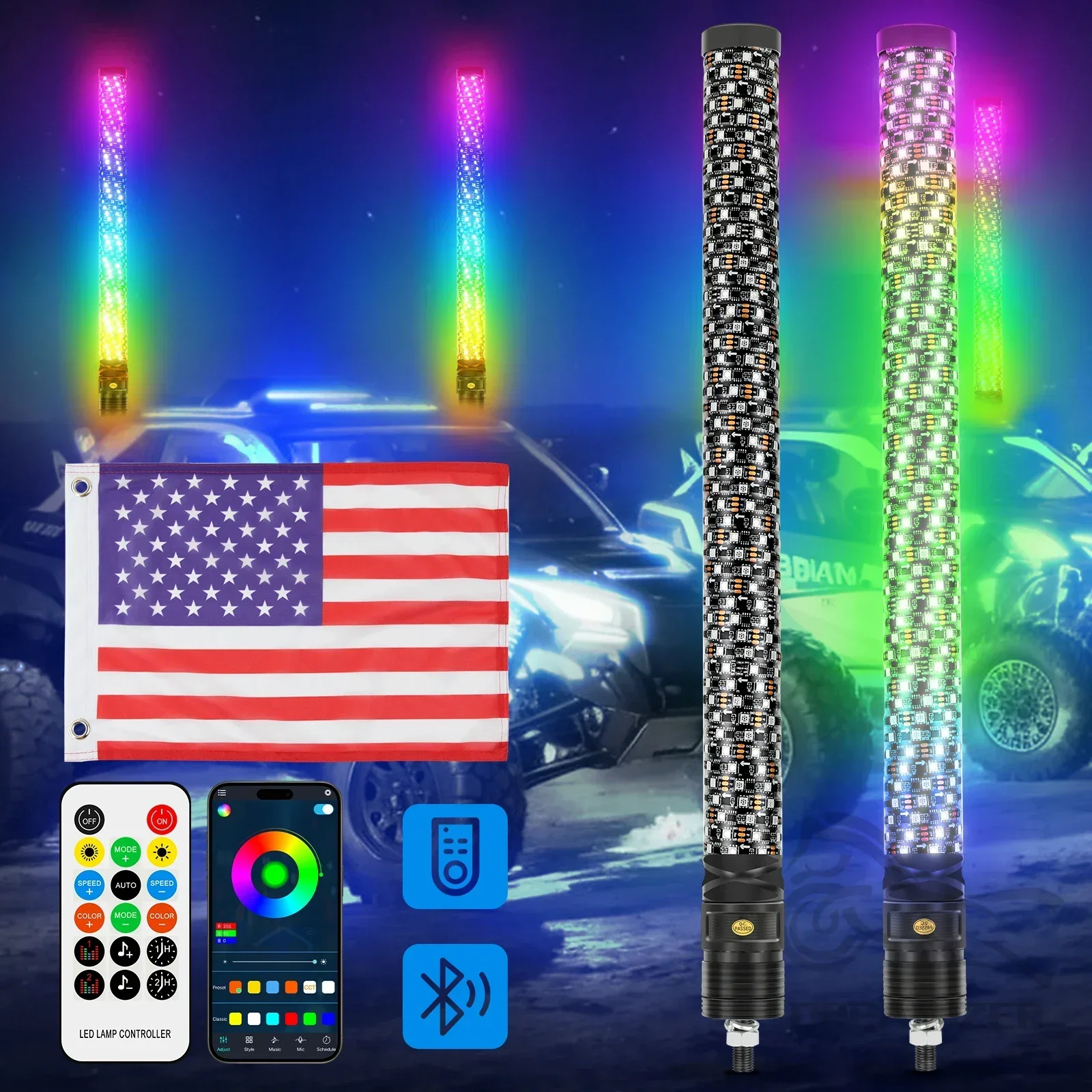 2PCS 2FT Fat Bluetooth Remote Control Colorful Spiral LED Whip Lights Lighted Antenna Whips for ATV Polaris RZR Flagpole Lamp