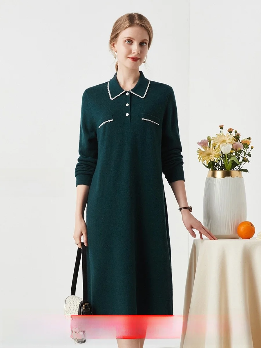 

Вязаное платье MaoWool ручной работы с кружевом, разноцветное, свободного кроя, осенне-зимнее, с воротником, длинными рукавами, миди, А-силуэт