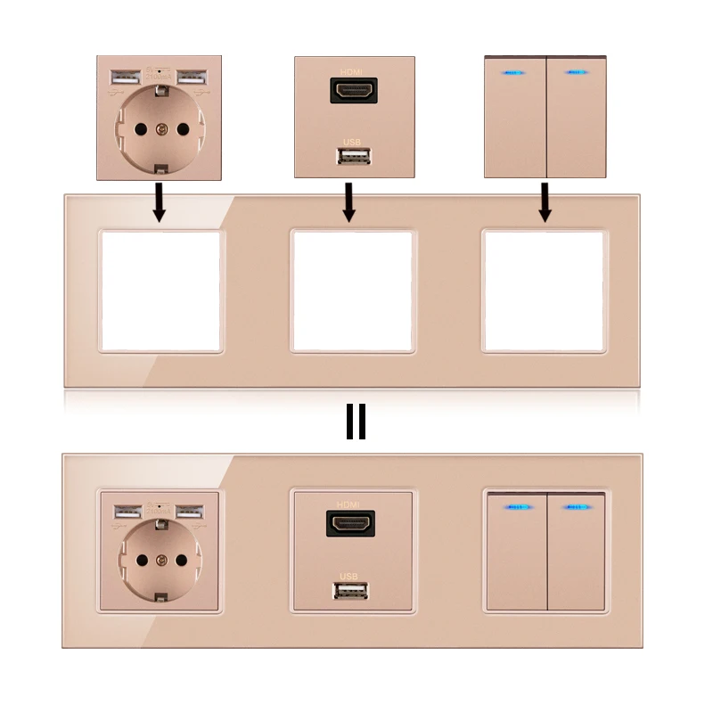 novski wall mount module diy European standard golden glass panel socket switch button free combination function