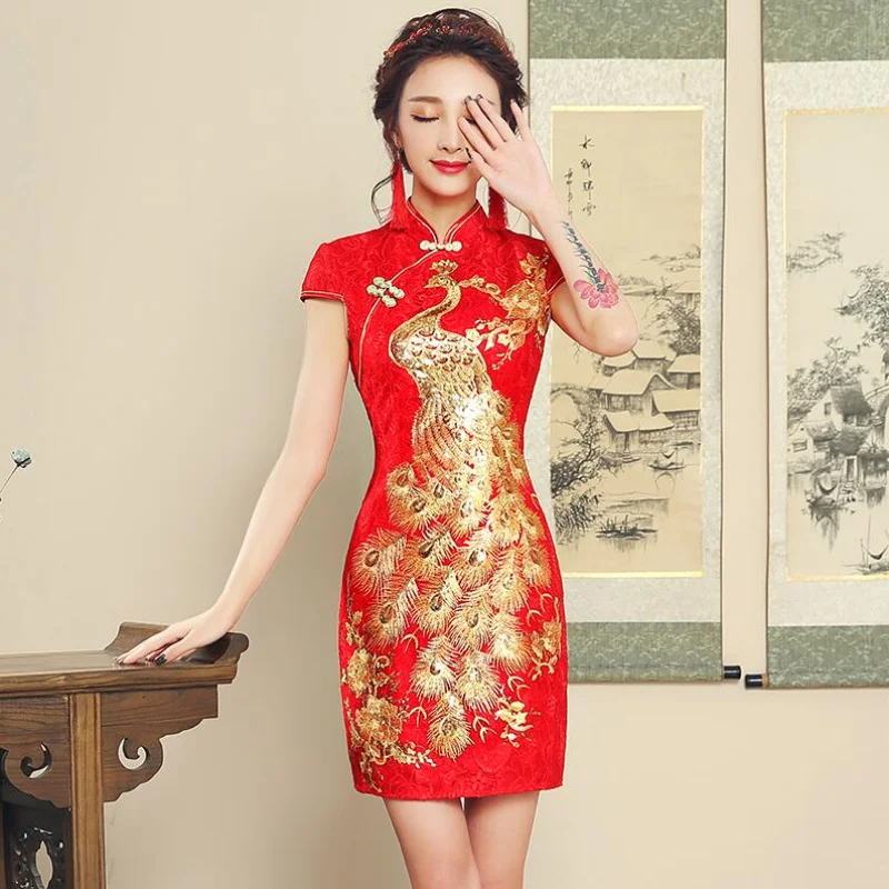 Red Chinese Wedding Dress Female Long Short Sleeve Cheongsam Gold Slim Traditional Women Qipao for Party