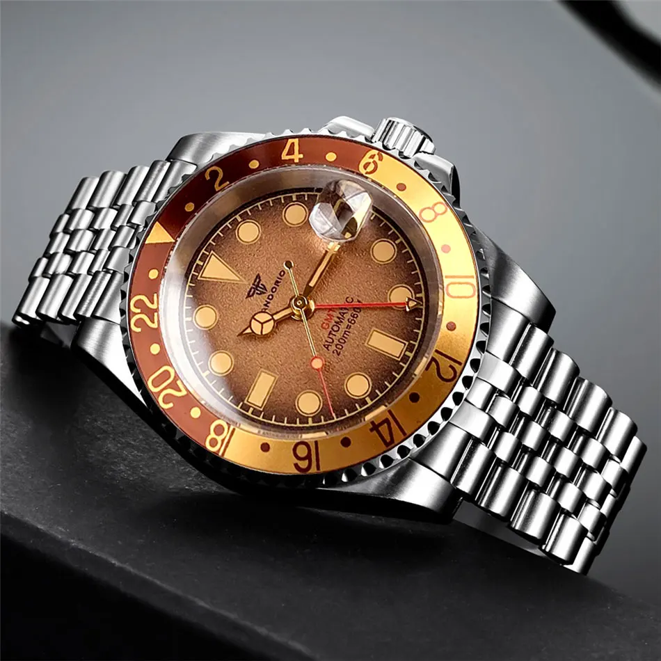 

Tandorio NH34A 200M Waterproof 40mm Brown Dial NH34 GMT Automatic Movement Diving Watch Men Gold Hands Steel Bracelet