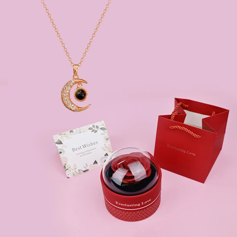

100 Languages I Love You Projection Moon Necklaces With Luxury Rose Flower Gift Box Christmas Mother Day Romantic Jewelry Gifts