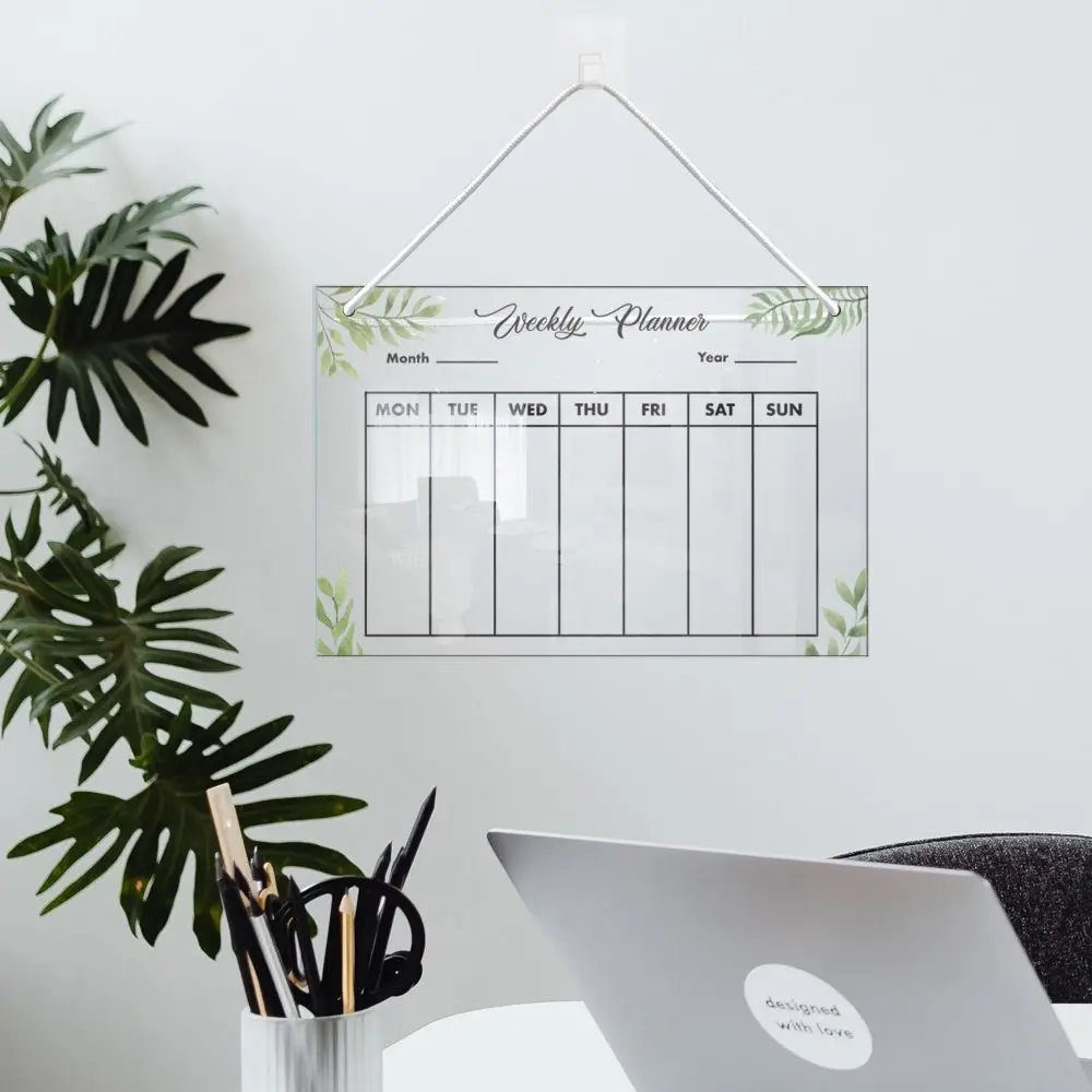 Creative Transparent Message Board Acrylic Wall Hanging Note Board Green Leaves Pattern Handwritting Erasable Whiteboard Tool