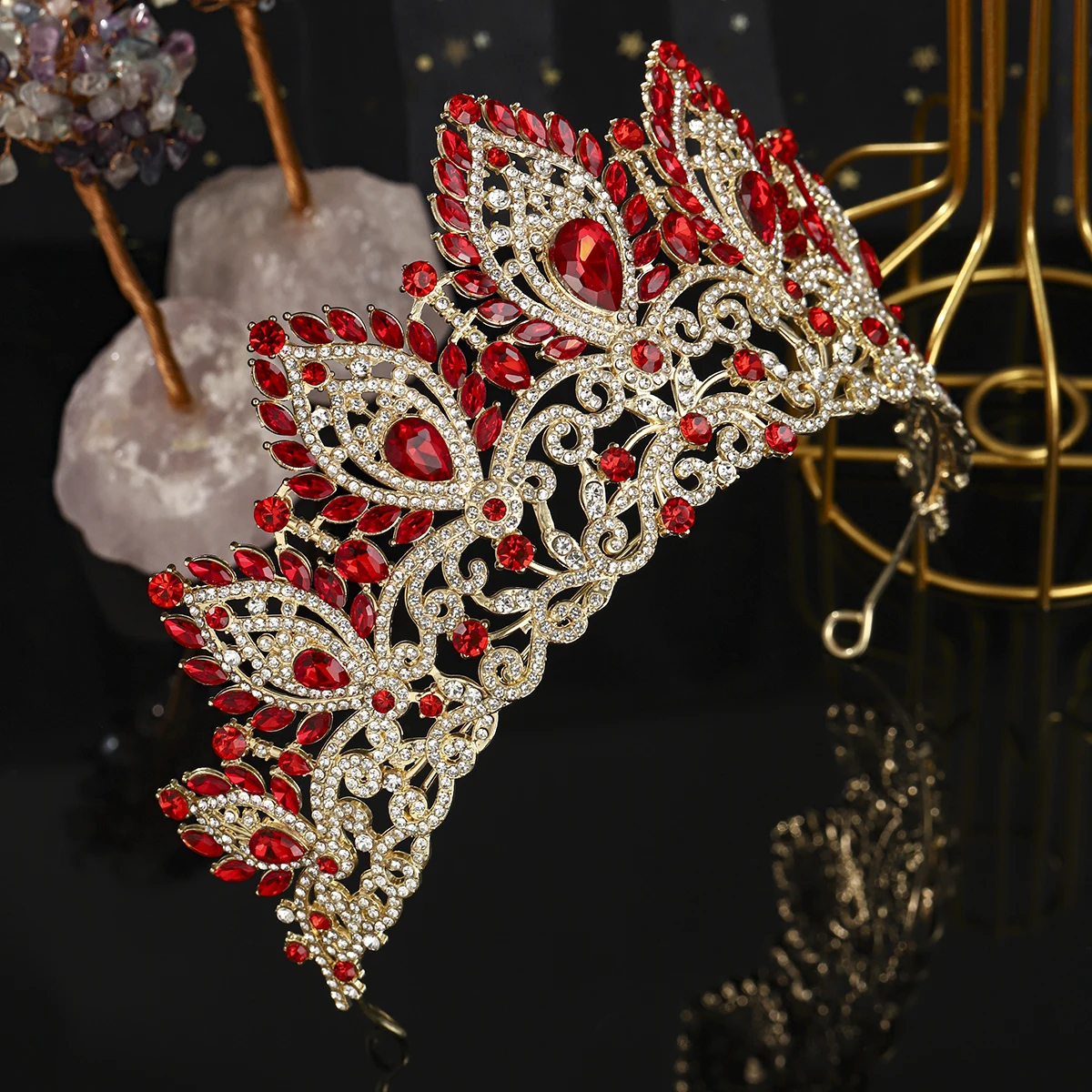 تاج الزفاف الأحمر الفاخر الغلاف الجوي الباروك حجر الراين الملكة تيارا إكسسوارات الشعر مأدبة فتاة خوذة التاج