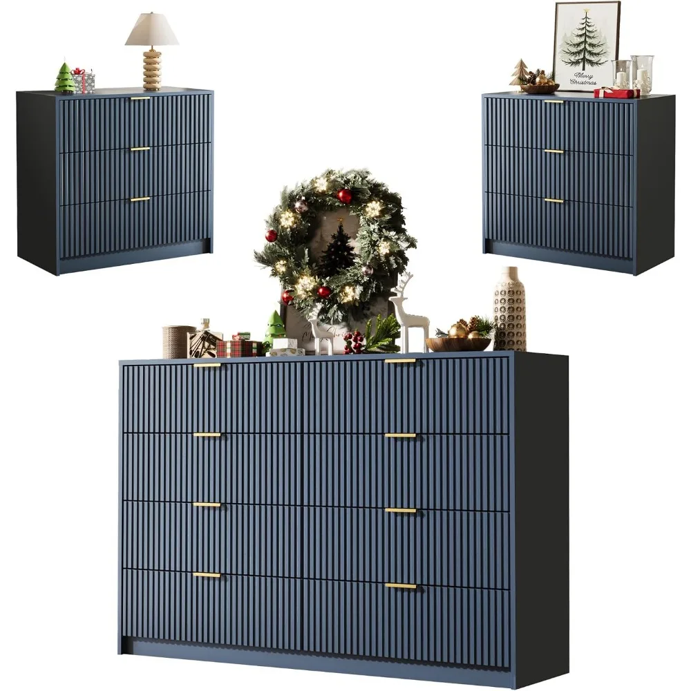 

3-Piece Dresser Bedroom Set with Gold Handles, Fluted Wood Chests for Versatile Use in Various Rooms, Navy Blue
