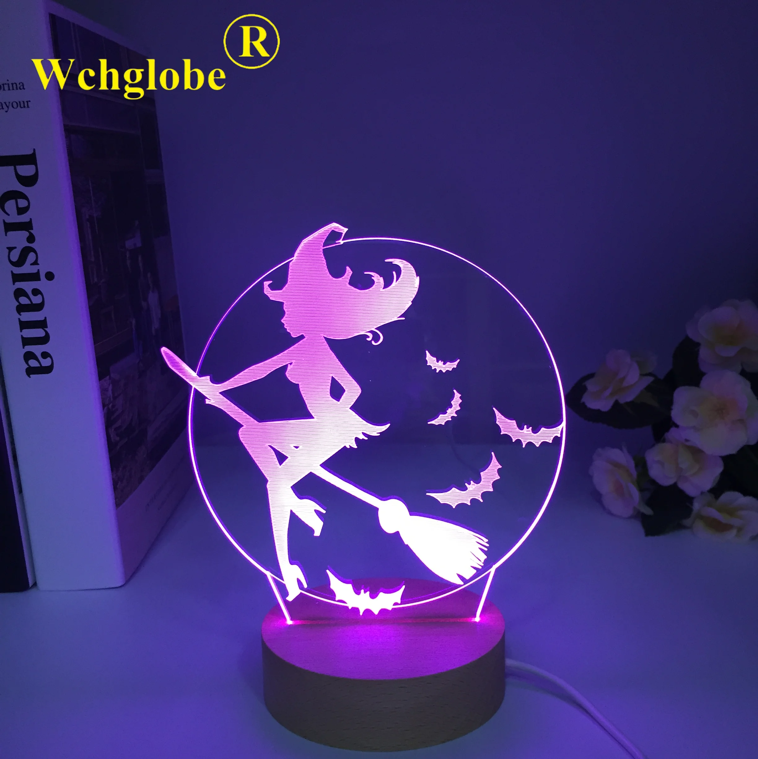 Halloween Bat Witch 3D LED Lamp lamp Acrylic 7 Colors Wooden Nightlight USB Touch Desk Table Lamp Living Room Lights Decoration