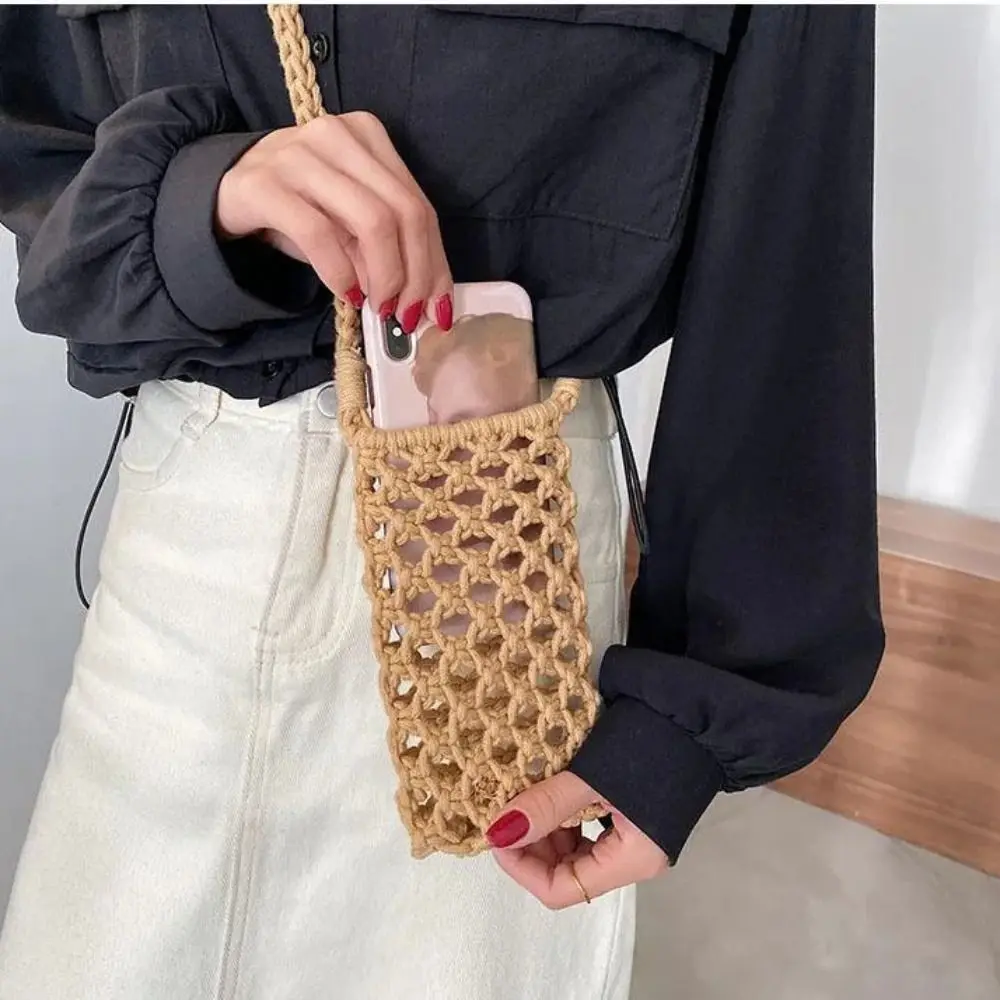 2025 Women Small Crossbody Phone Bag Hollow-out Solid Color Braided Shoulder Handbag Lightweight Fashion Handmade Woven Bag