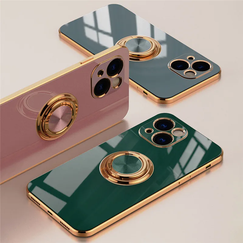 Luxury Plating Magnetic Attraction Ring Phone Case For iPhone 15 14 13 12 11 Pro Max X XR 7 8 Plus SE 2 Back Cover With Holder