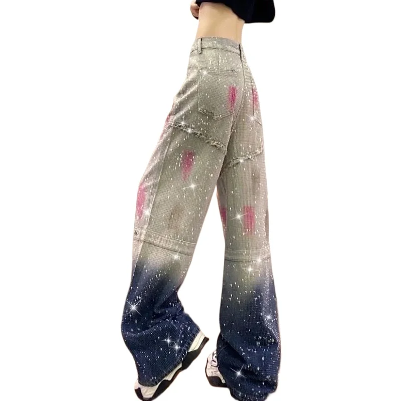 Spring and Autumn 2026 New Starry Sky Gradual Change Sequins Wide Legs Gypsy Stars Hot Diamonds Shiny Straight Mopping Jeans