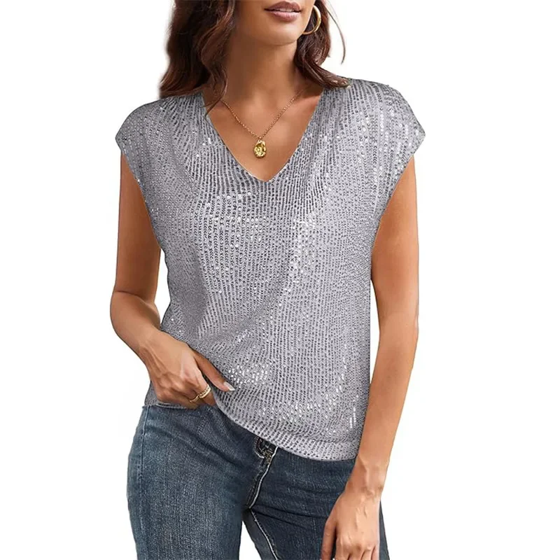 

2025 European and American V-neck sequined short-sleeved women's shiny vest party shirt