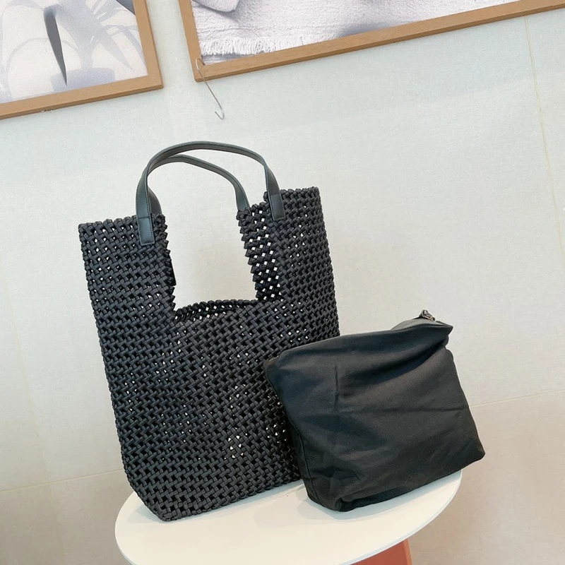 INS Japanese Style Versatile Casual Black PU Leather Hot Vintage Large Capacity Totes for Women  Woven Purses and Handbags