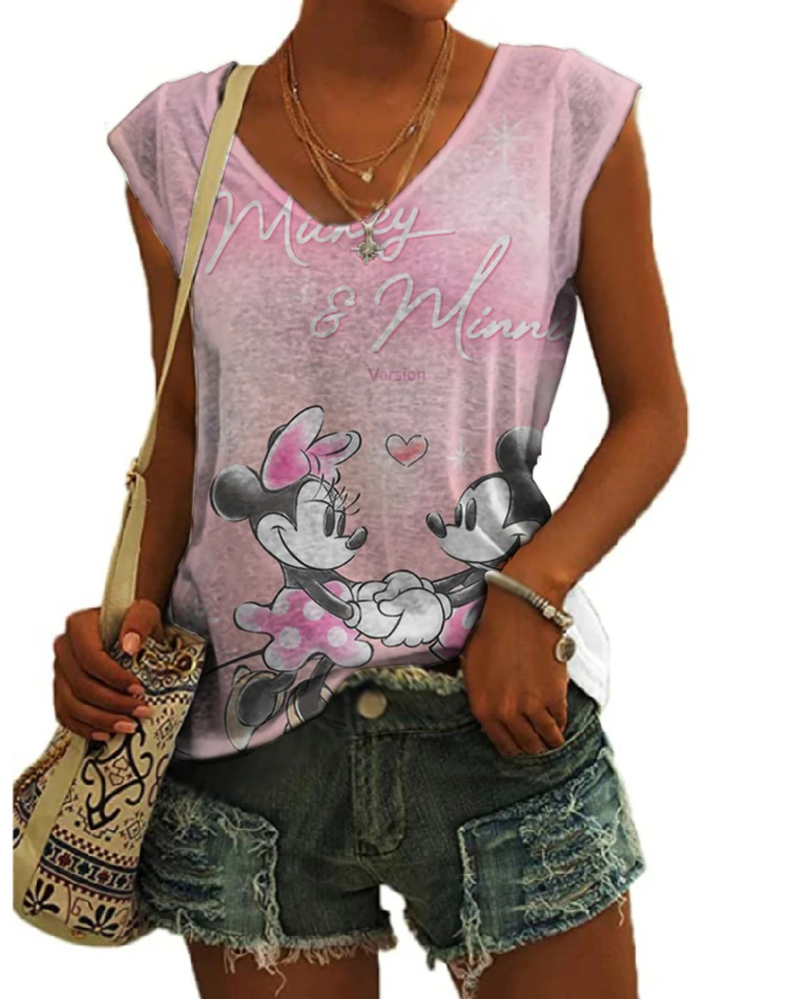 Fashionable Harajuku new Mickey and Minnie anime print 2024 street style sleeveless vest casual women's slim fit V-neck top Y2K