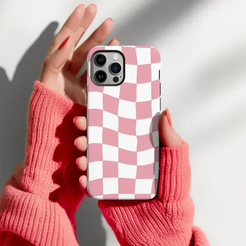 Retro pink Wavy Checkered Phone Case For IPHONE 16ProMax 15 14 13 12 11 PRO Plus Acrylic TPU Two in one Mobile Phone Cases