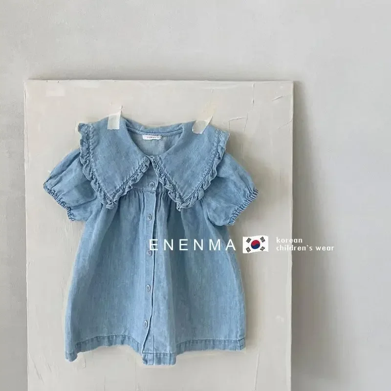 Dress Single Breasted O-neck Collar Short Sleeve Above Knee Length Solid Smart Popular Comfortable Soft Summer Kids Girls