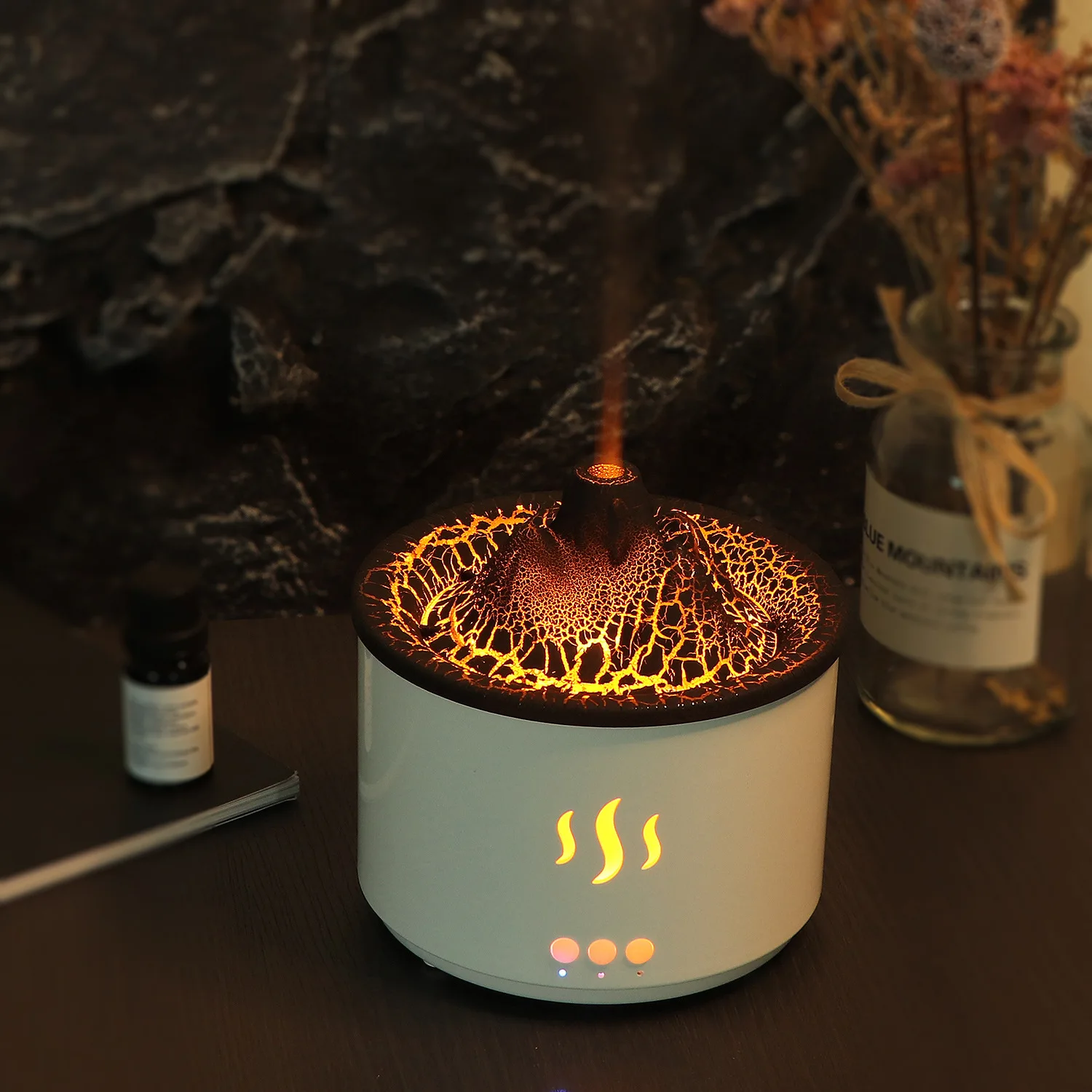 火山型アロマディフューザー-400ml-加湿器-リモコン付き-クリエイティブな溶岩クラック炎ランプ-エッセンシャルオイルディフューザー